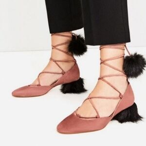 Zara Basic Collection Suede Pom Pom Fur Tie Lace Up Heels Blush 35 5